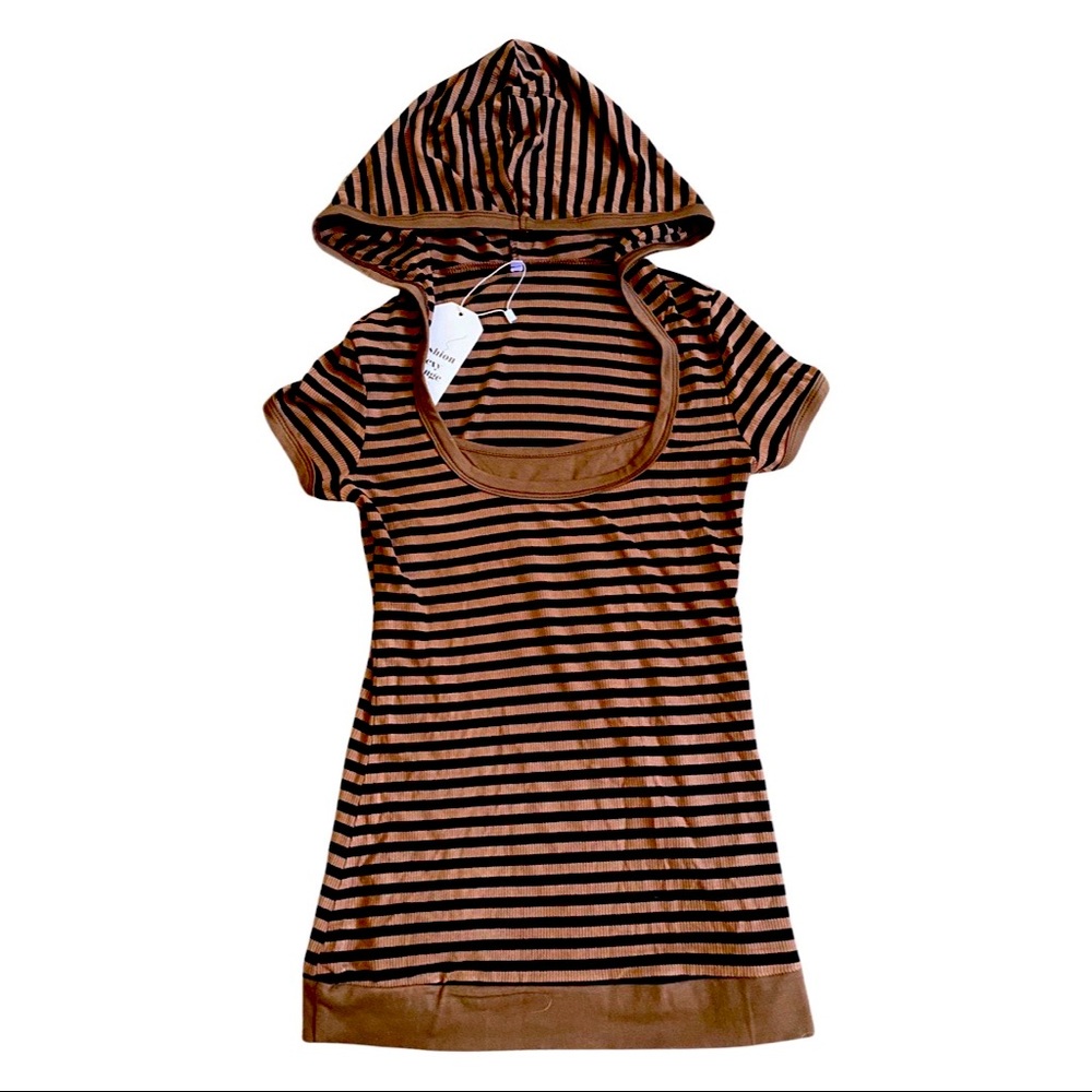Women's light brown and black striped hooded shirt